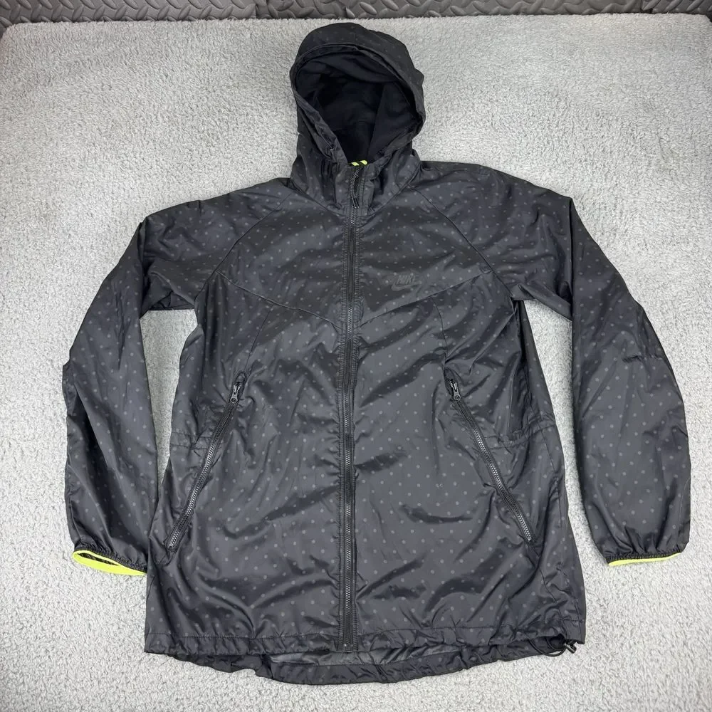 Nike Jacket Women's Large Black T/F Printed Wind‎ Runner Hooded Full Zip Active
